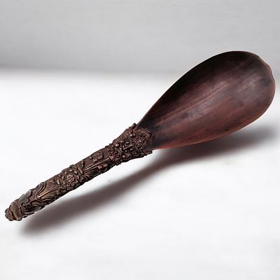 A Finely Carved Tibetan Boxwood Spoon With Carved Phurba. A Finely Carved Tibetan Boxwood Spoon. 