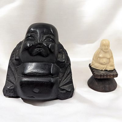 Pair Of Old Chinese Carved Buddhas. Measures approx. 2 1/4" X 1 1/4" and 3" X 3". From the 