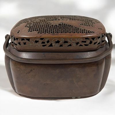 19th Century Japanese Bronze Hand Warmer With Deer Scene. Measures approx. 4" X 6 1/2". From 