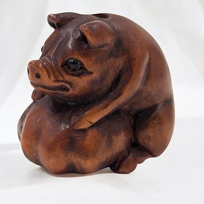 Early Signed Hand Carved Japanese Boxwood Netsuke Of A Pig And Pumpkin. Measures approx. from 