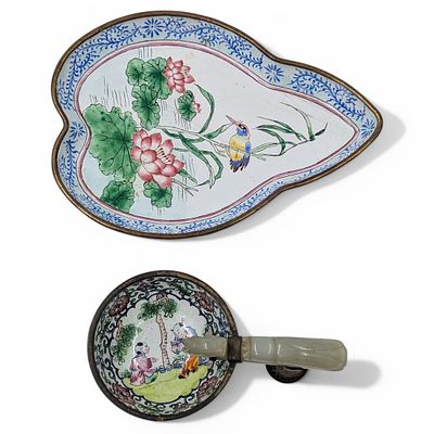 Pair Of Hand Painted Chinese Enamel And Jade Belt Hook Qing Dynasty. Measures approx. 5" and 7" 