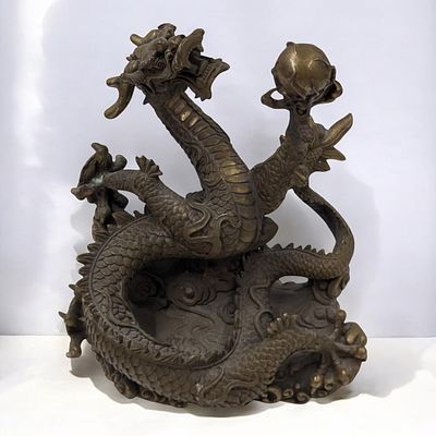 Chinese Brass Dragon Statue, Possibly Chinese New Year, Unmarked. Measures approx. 7" X 6". 