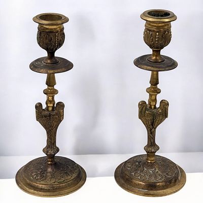 Pair Of Antique Bronze Candlestick Holders Decorated With Birds. Measures approx. 8" tall. From 