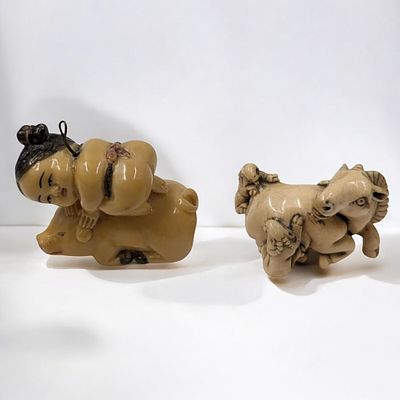Pair Of Early Japanese Finely Carved Figures, One Signed. Measures approx. 1" X 1 1/2" and 1 