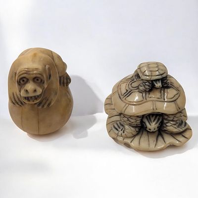 Pair Of Early Japanese Finely Carved Figures, One Signed. Measures approx. 1" X 1 1/2" and 1 