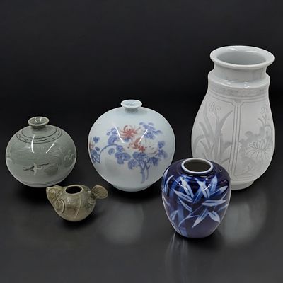 Lot Of 5 Assorted Chinese Vases / Vessels, Four Marked. Measures approx. from 2 1/2" X 4" to 9" 