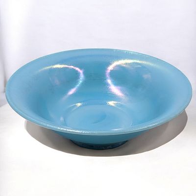 Vintage Jade Blue Iridescent Stretch Glass Bowl, Unmarked. Measures approx. from 3 1/4" X 