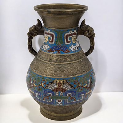 An Antique Japanese Bronze Champleve Vase With Figural Handles. Measures approx. from 11 1/2" X 