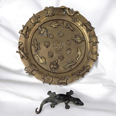 An Antique Indian Brass Plate, Possibly A Taza Top, With Animals / Figures And A Bronze Lizard. 