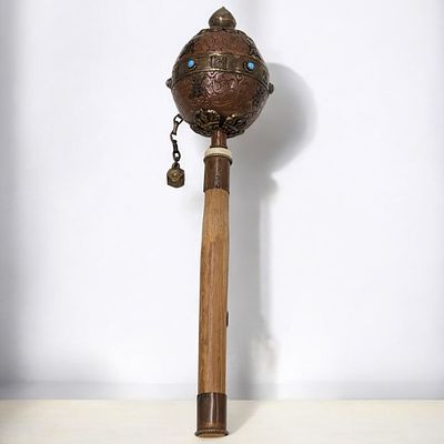Antique Tibetan Copper And Brass Prayer Wheel With Prayer Inside. Measures approx. 13" long. 