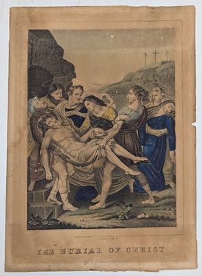 An Old Colored Engraving "The Burial Of Christ". Measures approx. 12" X 9". From the consignor: 