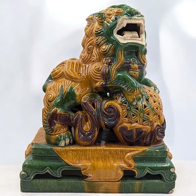 Large Chinese Sancai Glazed Ceramic Foo Dog. Measures approx. 16" X 7 1/2" X 12". PLEASE NOTE 