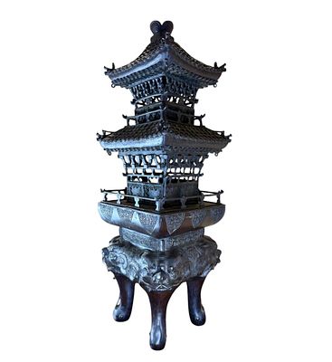 Rarest 18th C Or Older Chinese Bronze Censer Three-Tiered Pagoda Form. Formerly in a Southern