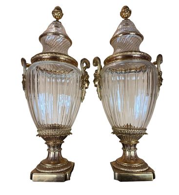 Magnificent And Monumental French Baccarat Crystal Lidded Urns w/ Gilt Bronze Ormolu. Magnificent