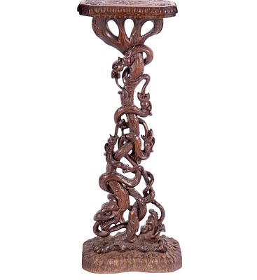 A Finely Hand Carved Open Work German Black Forest Stand / Pedestal. Measures 42" Tall Overall.