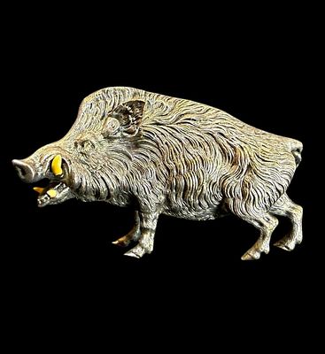 Russian or Austrian Silver Wild Boar With Inlaid Crystal Eyes And Bone Tusks. ***DUE TO THIS LOT