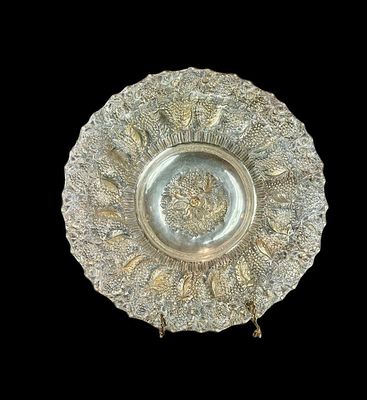 Large Footed Gold Washed Solid .900 Silver With Fruit And Grape Leaves Design, 1700 Grams. ***DUE
