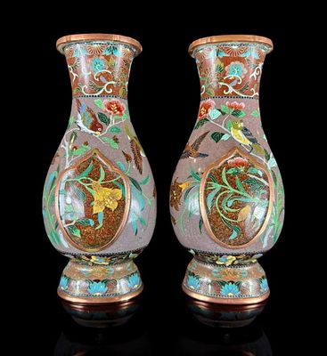 Pair Of Unusual Form Japanese Cloisonne Vases Ca 1900 Moriage Design. Pair of rare and unusual