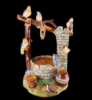 Antique French Majolica Bird Wishing Well Flower Holder Cache Pot, Jerome Massier, Circa 1880. An
