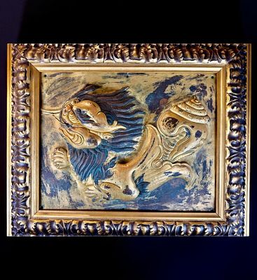 RARE AMAZING 18th C Sino Tibetan Temple Gilt Plaque Repousse Depicting A Dragon Or Lion. 18th
