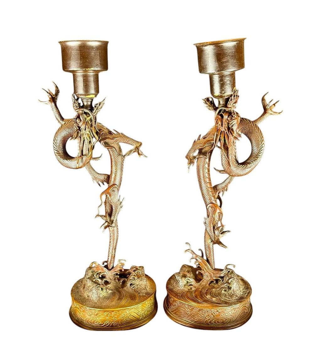Meiji Era Pair Of Japanese Bronze Dragon Candlesticks, Circa 1880. Japanese Meiji era circa 1880 