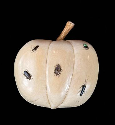 Antique Carved Fruit With Inlaid Shibayama Insects And Semi Precious Materials, Meiji Pd. Signed.