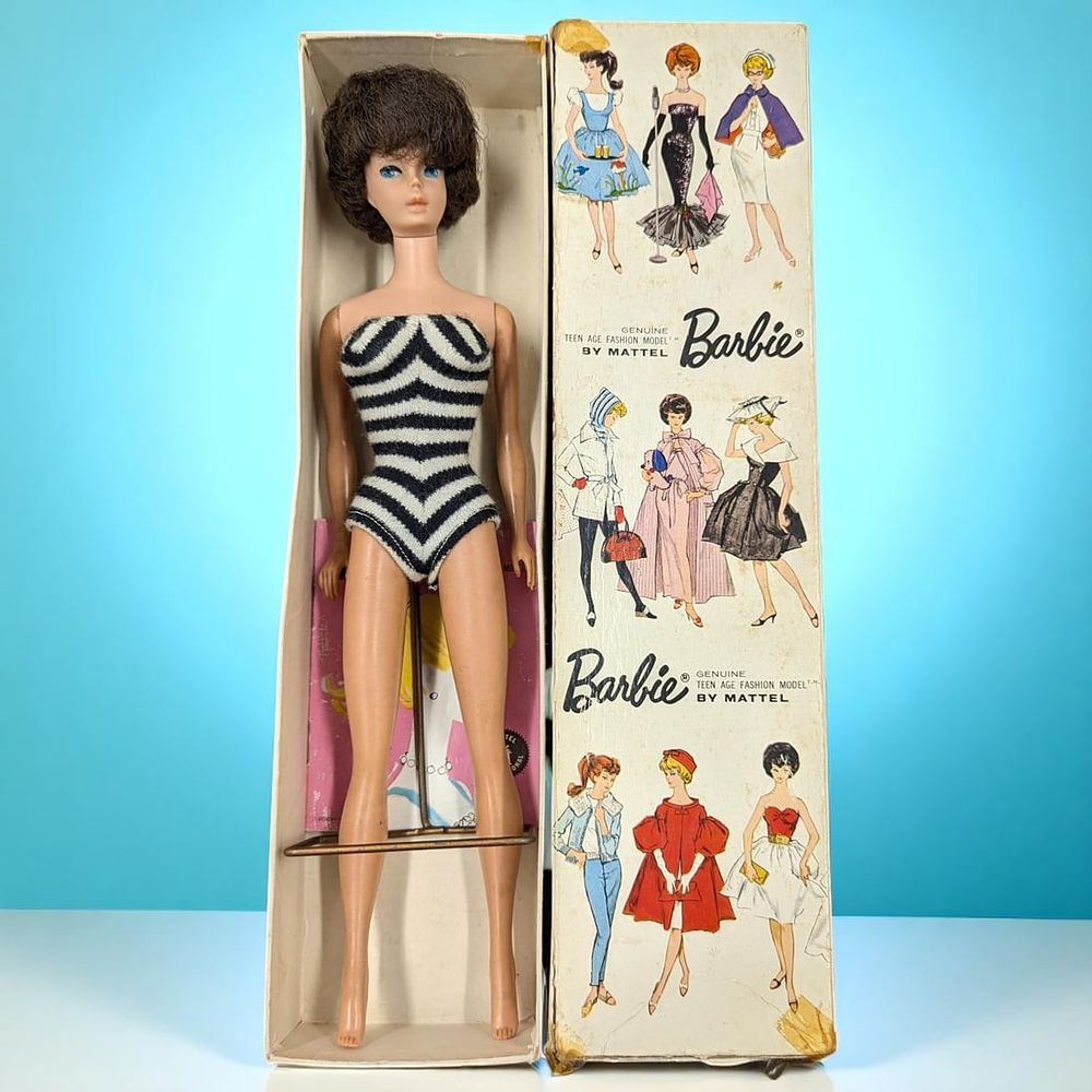 Vintage Mattel Brownette Bubble Cut Barbie Doll In Original Box With Stand, 1961. Box measures 