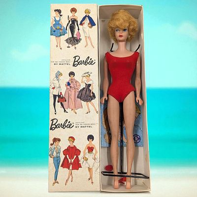 Vintage 1962 Mattel Ash Blonde Bubble Cut Barbie Doll, No. 850, In Original Box With Stand. Box 