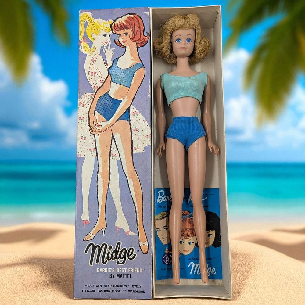 Vintage 1962 Mattel Midge Barbie Doll With Two-Piece Bathing Suit In Original Box. Box measures 