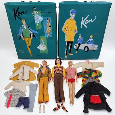 Lot Of 2 Vintage 70s Ken Doll Cases, 3 Ken Dolls And Accessories. One Ken has modified long 