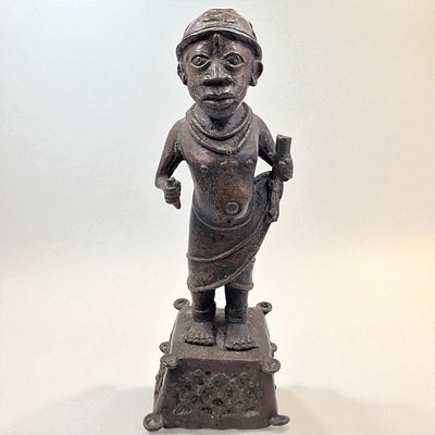 An Old African Nigerian Benin Copper Figure Depicting A Messenger. Measures approx. 16" X 6" X 