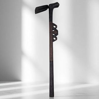 An Antique African Ceremonial Iron Adze With A Carved Wood Face On The Handle. Measures approx. 