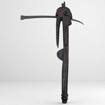 An Antique African Ceremonial Iron Adze Depicting A Crowned Man With Incised Fish On Each Side. 