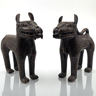 Pair Of Antique African Nigerian Benin Bronze Leopard Reproduction Sculptures. PLEASE NOTE, we 
