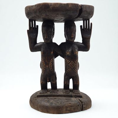 African Hemba Tribe Wood Carved Caryatid Stool Depicting Male & Female. African Hemba Tribe Wood 
