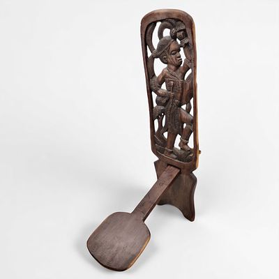 African Contemporary Signed Two-Piece Wood Carved Tribal Elder Style Seat Depicting Dancer With 