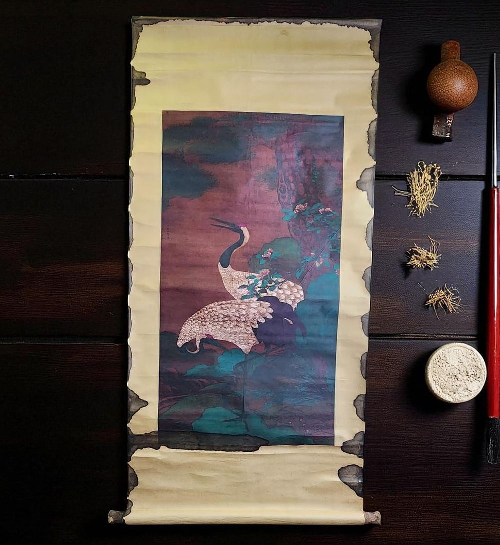 A Chinese Scroll Painting With Birds And Calligraphy Age Unknown. Artwork Only Measures 37.5" X 