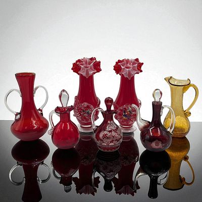 Lot Of 7 Vintage Glass Vases / Vessels, Mostly Handblown Cranberry Glass. Includes two 