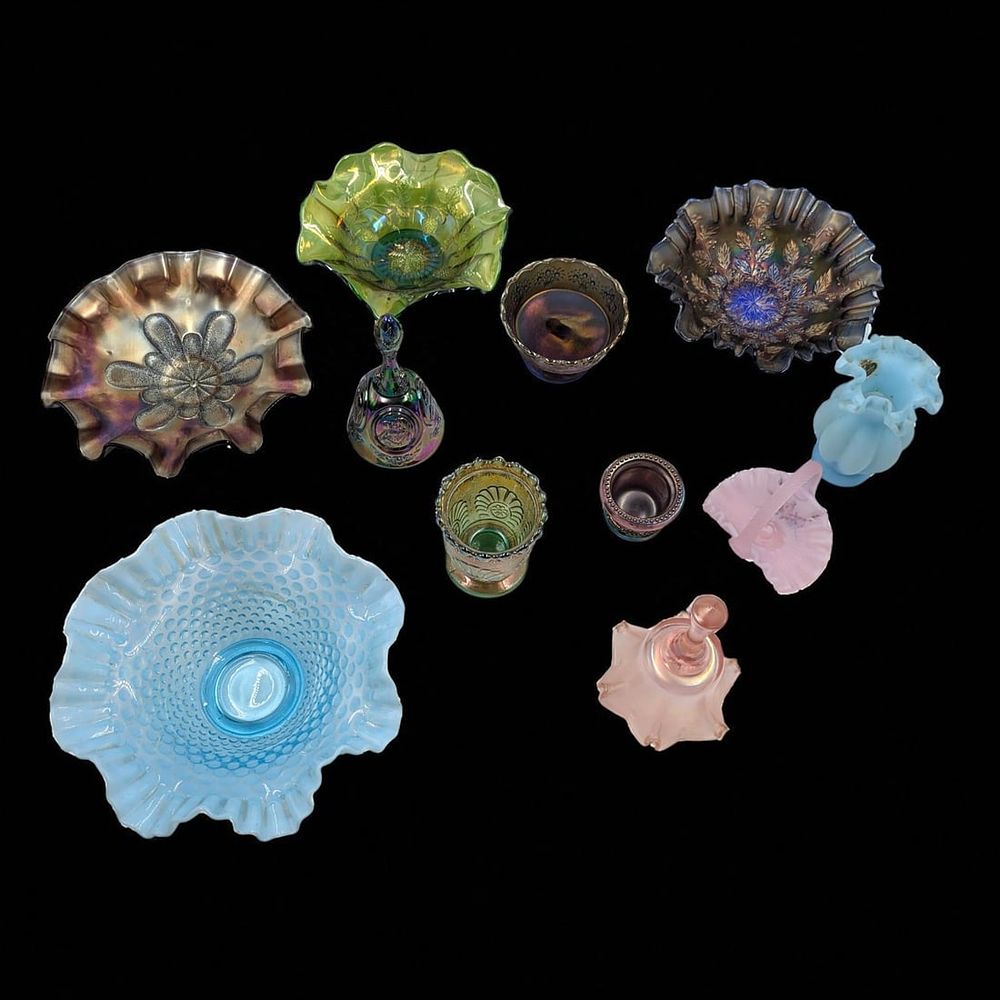 Lot Of 11 Vintage Fenton / Westmoreland Glass Pieces. Includes three carnival glass bowls, one 