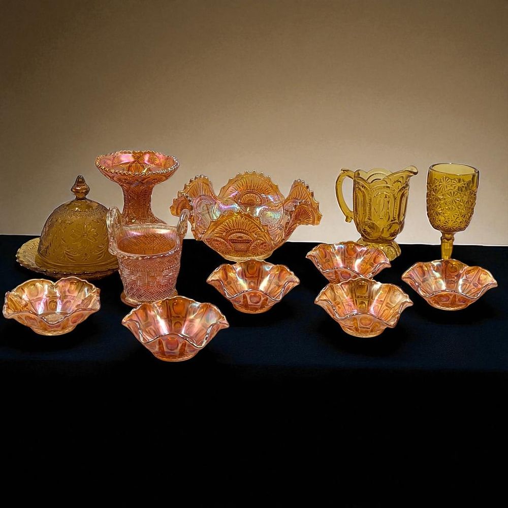 Lot Of 12 Vintage Carnival / Amber Glass Pieces. Includes six Marigold berry bowls, one vase 