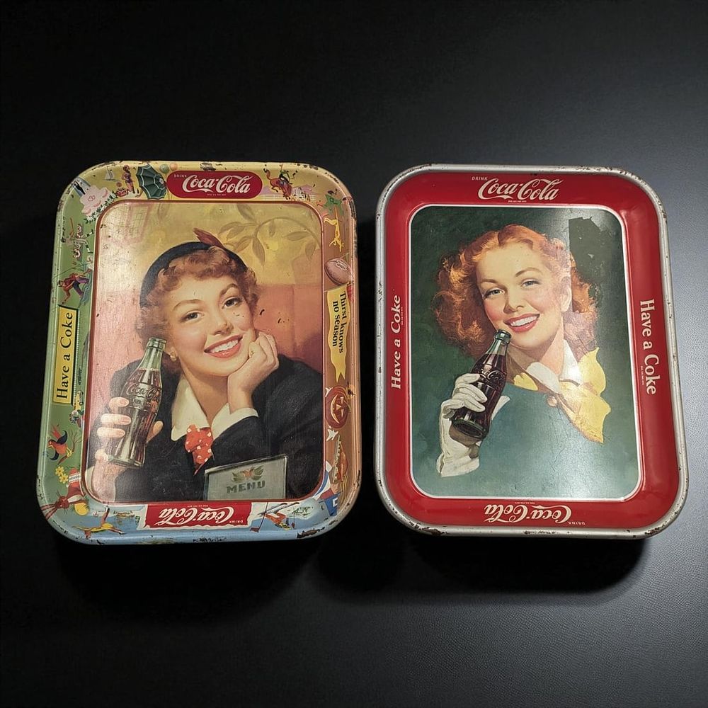 A Pair Of Vintage Coca-Cola Advertising Tin Trays. Measures approx. 13 1/2" X 10 1/2" each. 