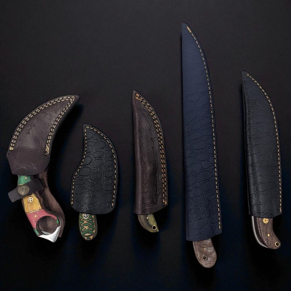 5Pc Hand Made Damascus Steel Knives And Sheaths. **DUE TO THIS LOT BEING CLASSED AS A WEAPON IT 