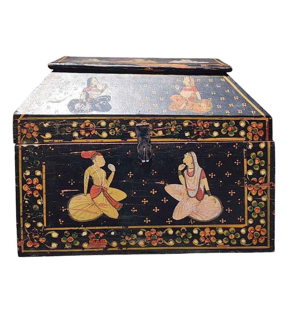 Antique Polychromed Painted Anglo Indian Box / Small Trunk 19th C. Measure 12 1/4" X 15 3/4" X 