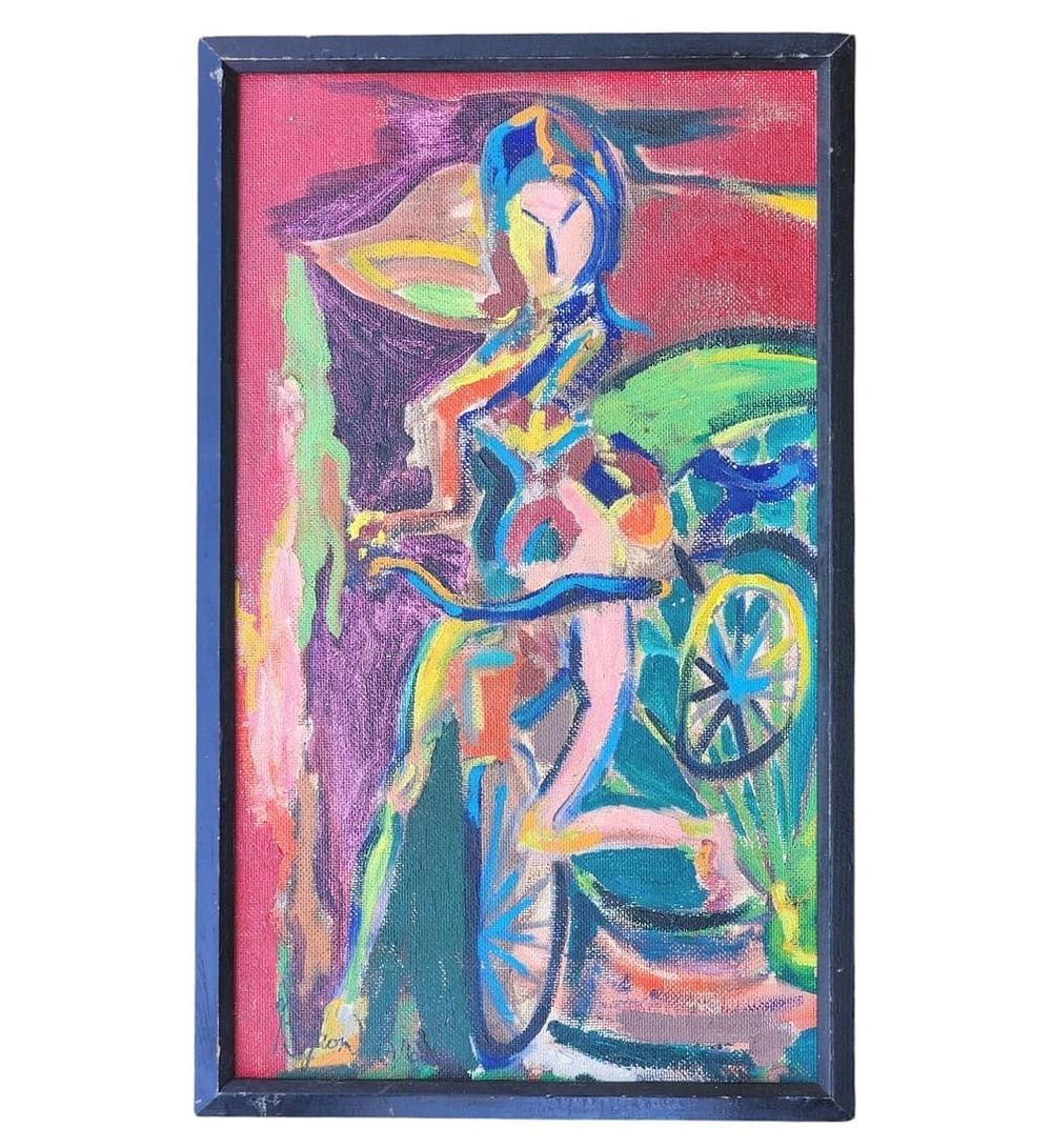 New York American-Byron (George Byron) Browne 1907-1961 O/B Painting Woman With Bicycle Signed 