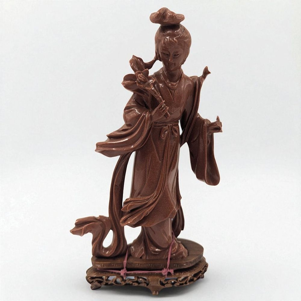 A Fine Chinese Goldstone Geisha Sculpture On Wooden Stand. Measures approx. 8" X 5". PLEASE 