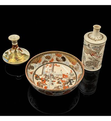 Lot Of 3 19th Century Japanese Satsuma Miniature Vases And Bowl, One Signed . Measures approx. 