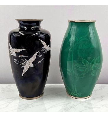 Pair Of Vintage Japanese Enamel / Cloisonne Vases, One Signed Sato. Measures approx. 7 1/2" 