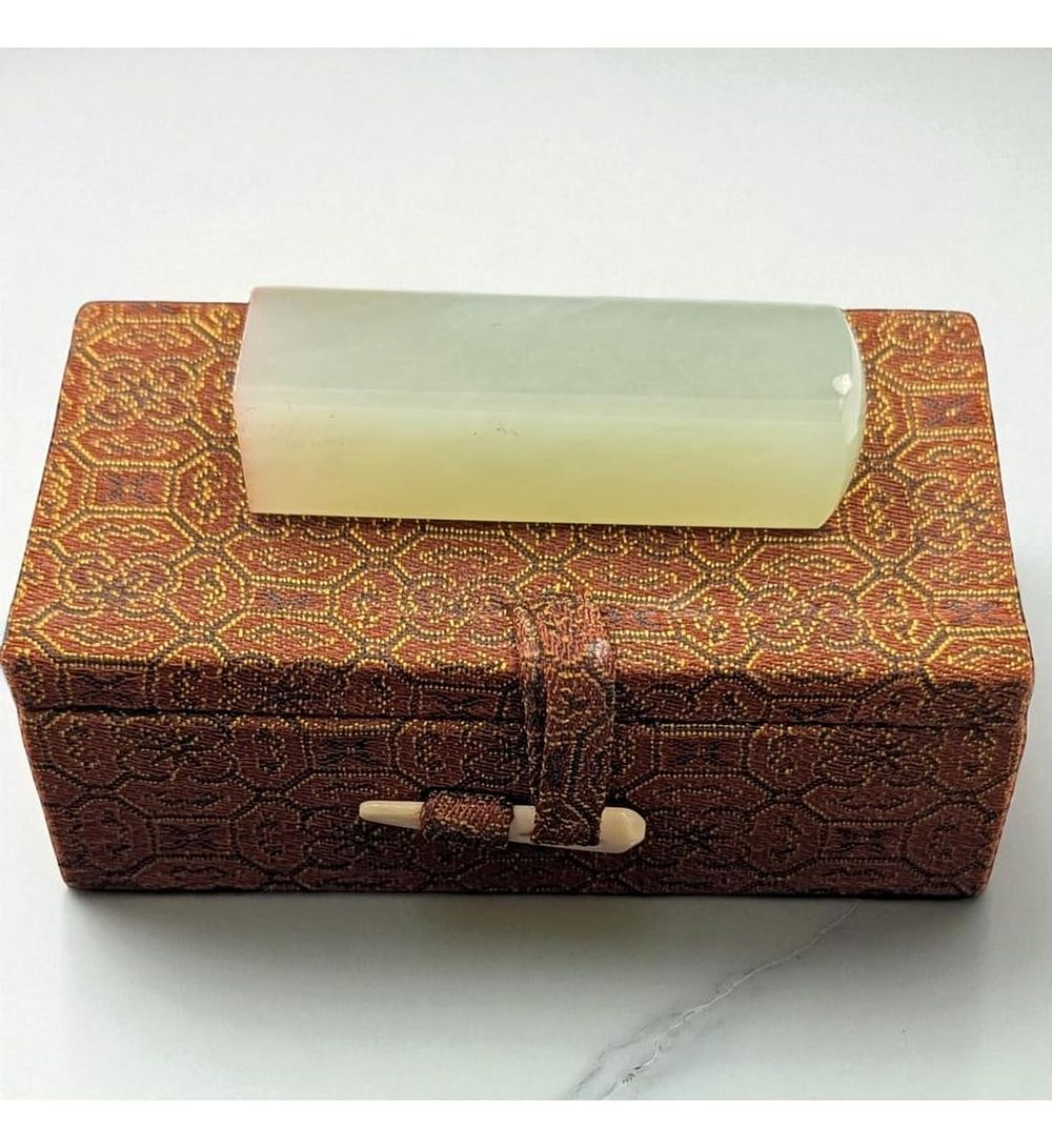 A Fine Chinese Jade Seal With Original Fitted Box. Seal measures approx. 2 1/8" long. There is 