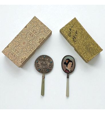 Pair Of Chinese Silvered Metal And Jade Handled Hand Mirrors, One With Signed Portrait 