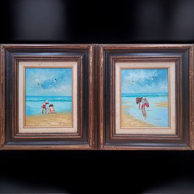 Pair Of C. Manuel Signed "Children On Beach" Oil On Board Paintings. Measures approx. 18" X 